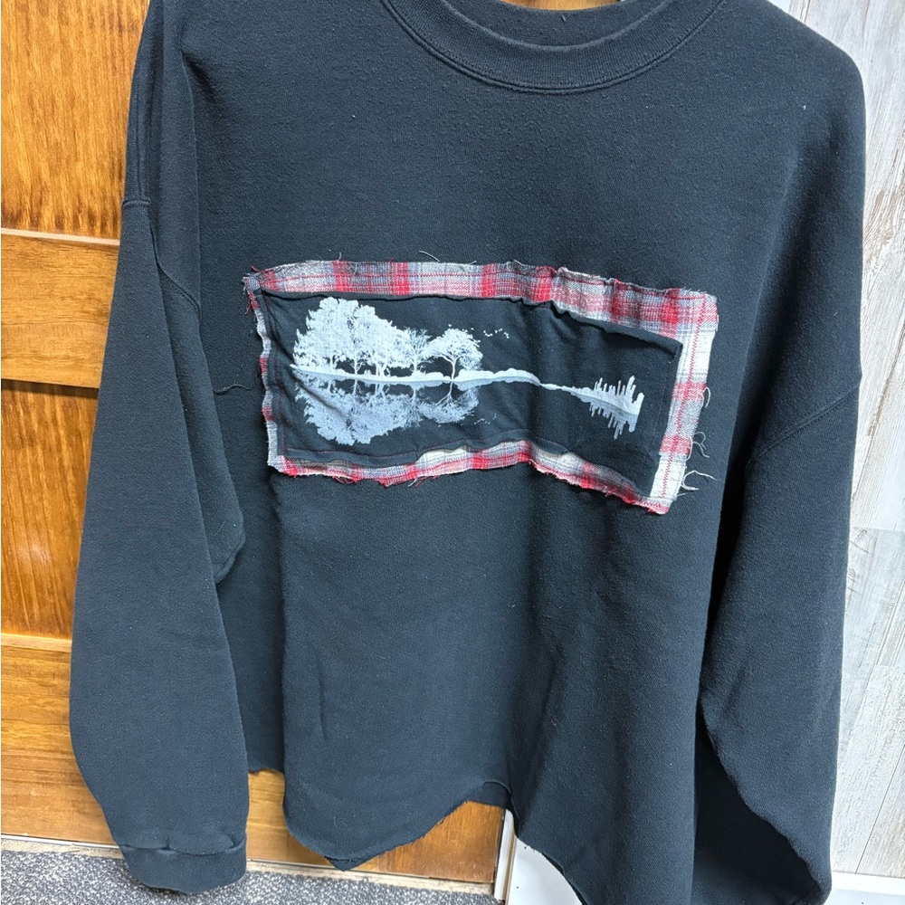 Black Graphic Sweatshirt with Plaid Detail